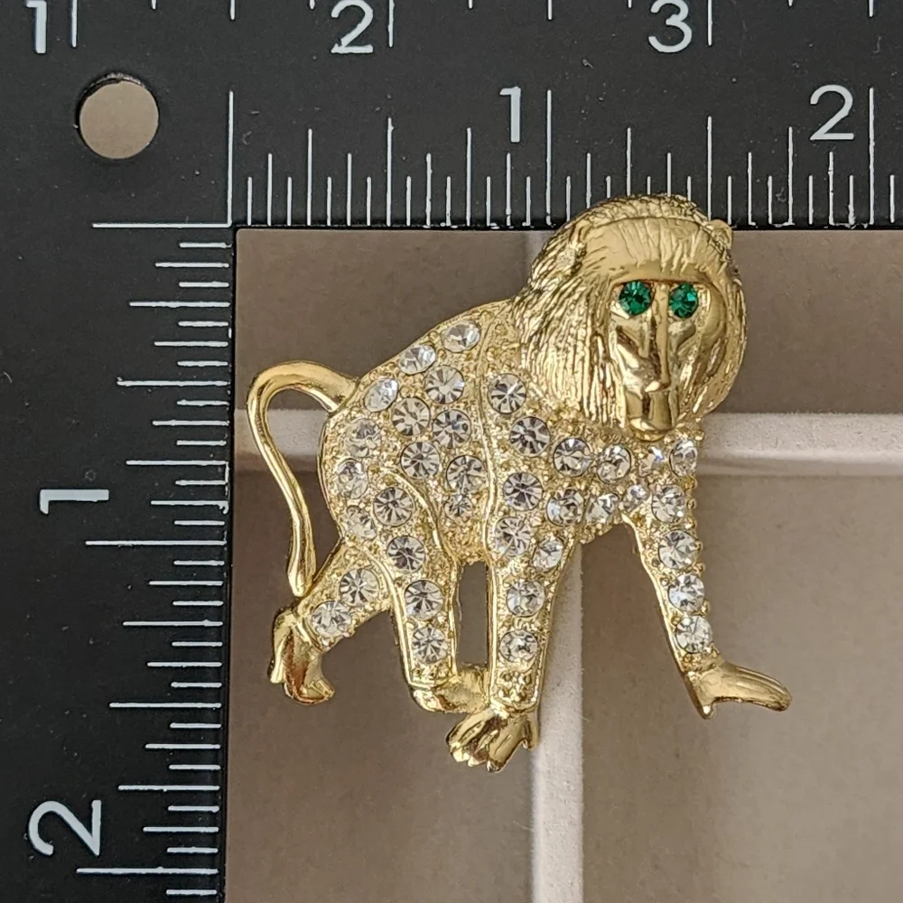 Gold and Crystal Monkey Brooch Pin